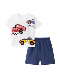 Boys summer cotton set with white cartoon racing car T-shirt and navy shorts