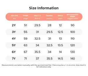 Size chart detail for girls cotton dress showing measurements from 2Y to 7Y in cm