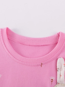 Pink girl's floral dress with cute 3D bunny ears and high-quality ribbed neckline detail