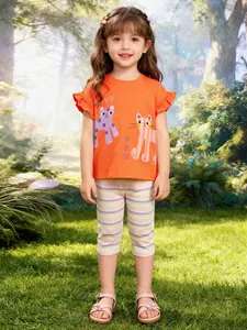 Ensemble de Vêtements d'Été en Coton pour Filles T-Shirt Imprimé Chat de Dessin Animé Manches à Volants et Short à Rayures Colorées