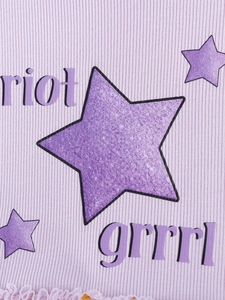 Lilafarbenes geripptes Sommerkleid für Mädchen mit glitzerndem Stern und Riot-Grrrl-Print