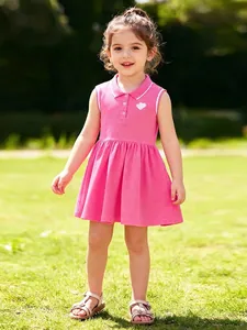 Girls 100% Cotton Sleeveless Polo Dress Pink Heart Embroidered Casual Summer Princess Sundress For Toddler Kids