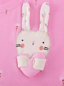 Pink cotton girls dress featuring a cute 3D bunny applique with floral pattern ears