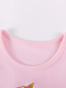 Pink cotton girls' set featuring ribbed crew neck collar with detailed golden embroidery