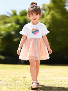 Little Maven Girls Summer Rainbow Tulle Dress Cute Heart Patch Sequin Ruffle Sleeve Cotton Spliced Princess Dress Kids Clothes