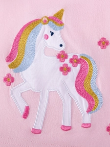 Pink girls' cotton set featuring a detailed unicorn and floral embroidery on the chest