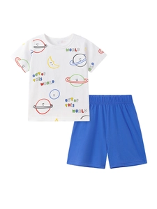 Kids cotton summer set with white cartoon planet T-shirt and blue elastic shorts
