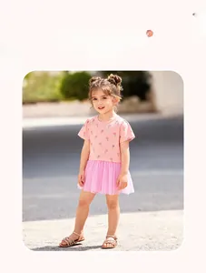 Roze peuterjurk met katoenen top met tulpenprint en gelaagde rok van mesh tule voor zomer