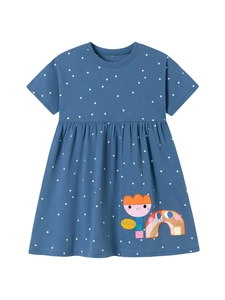 Abito bambina blu scuro a pois in cotone con ricamo arcobaleno e maniche corte