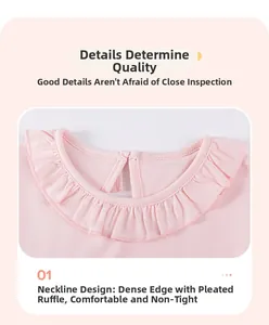 Close-up of pink cotton girl's dress featuring a ruffled neckline with detailed smocking