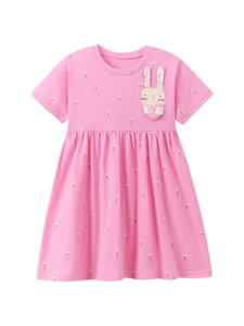 Short sleeve pink cotton girl dress with floral print and rabbit applique detail