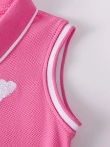Pink cotton sleeveless dress for girls with white heart embroidery and striped polo collar