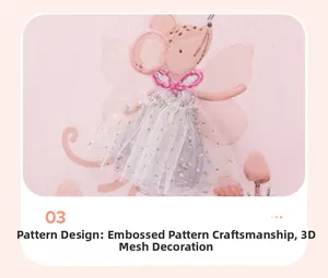 Close-up of pink cotton girl dress with cute mouse graphic and 3D tulle skirt detail