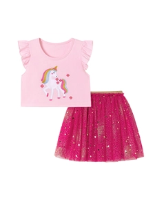 Pink unicorn embroidered top and magenta sequin tulle tutu skirt two-piece outfit