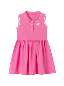 Pink cotton sleeveless girls dress with polo collar and white heart embroidery details