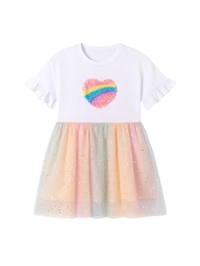 Short-sleeved white cotton girls dress with rainbow sequin mesh skirt and heart patch