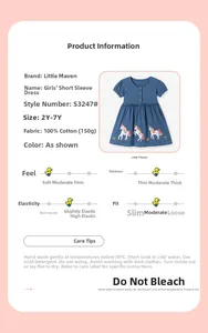 Détails de la broderie licorne sur robe fille à pois avec spécifications du tissu en coton