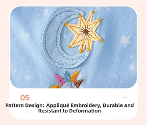 Détail de la broderie lune appliquée et du motif étoiles sur la robe en coton bleu