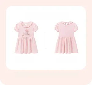 Girl's pink cotton dress with ruffled collar and fairy mouse print, front and back views