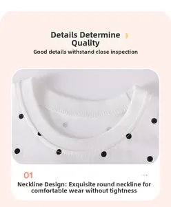 Gros plan sur l'encolure ronde délicate de cette robe à pois blancs pour filles