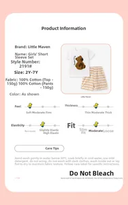 Détail de l'ensemble coton pour filles avec tableau des tailles et imprimé ours mignon