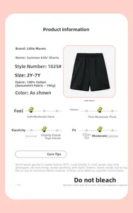 Detail of pure cotton boys summer shorts showing 100% cotton fabric and size chart specs