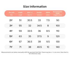 Detailed size guide for girls' mesh princess dress covering ages 2Y to 7Y in centimeters