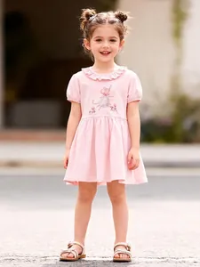 Little Maven Girls Pink Short Sleeve Dress Cartoon Mouse Sequin Tulle A-Line Cotton Summer Ruffle Collar Princess Skirt For Kids