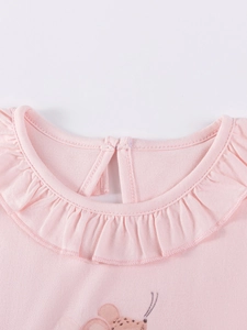 Pink toddler cotton dress with sweet ruffled neckline and cute mouse cartoon print