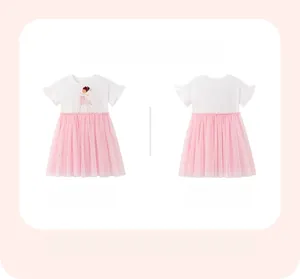 Vista dettagliata fronte e retro dell'abito t-shirt in cotone per bambina con gonna in tulle