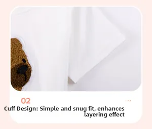 Détail du t-shirt blanc en coton pour enfant avec broderie ours en bouclette et manches