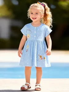 Robe en Coton à Manches Courtes pour Filles Broderie Licorne Étoile Été Décontracté Robe de Princesse Bleu