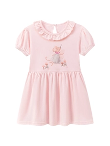Pink cotton girls' short sleeve dress with ruffle collar and fairy mouse embroidery