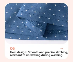 Gros plan détaillé des coutures fines et de l'ourlet durable de la robe bleue à pois