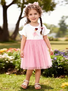 Abito Patchwork da Ragazza in Tulle con Stampa Ballerina di Danza Classica e Maniche con Volant T-shirt Vestito Tutu Principessa
