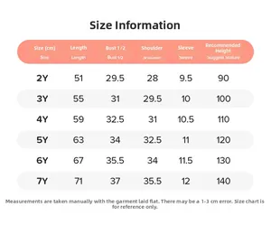 Tableau des tailles pour robe en coton fille avec mesures pour les âges de 2 à 7 ans