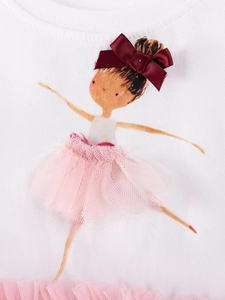 Abito bianco in cotone per bambine con stampa ballerina e gonna in tulle rosa 3D