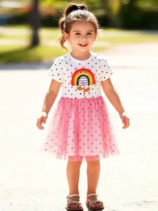 Girls Polka Dot Mesh Dress Short Sleeve Rainbow Applique Embroidery Princess Tulle Summer Toddler Kids Casual Clothing Dress