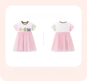 Front and back view of girls' cotton mesh dress with cartoon cat and apple embroidery