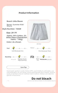 Detail card showing grey cotton summer shorts fabric specs and size guide for boys