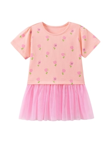 Schattige roze meisjesjurk met tulpenprint en gelaagde zachte tule tutu rok