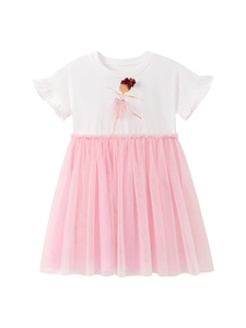 Abito estivo da bambina con stampa ballerina e gonna in tulle rosa multistrato