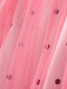 Pink polka dot tulle dress for girls featuring multi-layer mesh and delicate lace texture