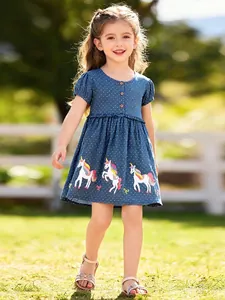Robe à Manches Courtes en Coton pour Filles Bleu Marine à Pois Broderie Licorne Boutons en Bois Robe de Princesse pour 2-7 Ans