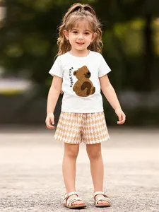 Tenue Décontractée en Coton pour Petites Filles T-Shirt à Manches Courtes Broderie Ours et Short à Motif Losange