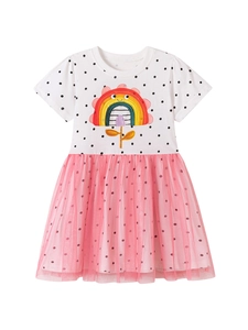 Girls short sleeve dress with white polka dot top, rainbow embroidery and pink mesh skirt