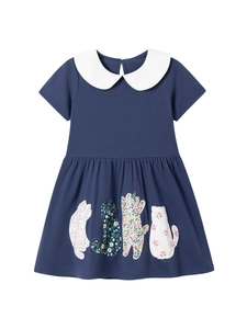 Robe fille bleu marine à manches courtes avec col Claudine blanc et motifs de chats