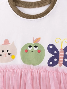 Short sleeve girls cotton dress with cartoon cat print and pink tulle tutu skirt detail