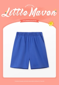 Detail of dark blue cotton knit shorts with elastic waistband and side pockets