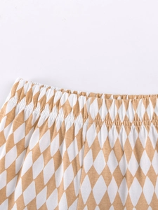 Short d'été en coton pour fille avec motif à losanges marron et blanc et taille élastique